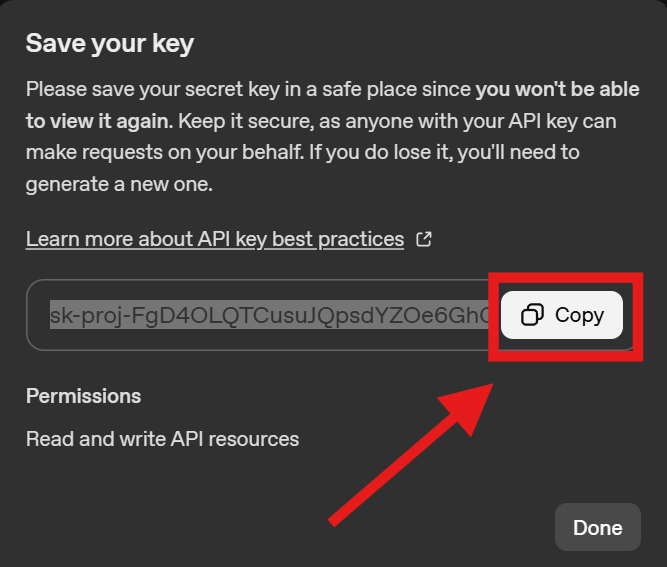 Copy API key dialog