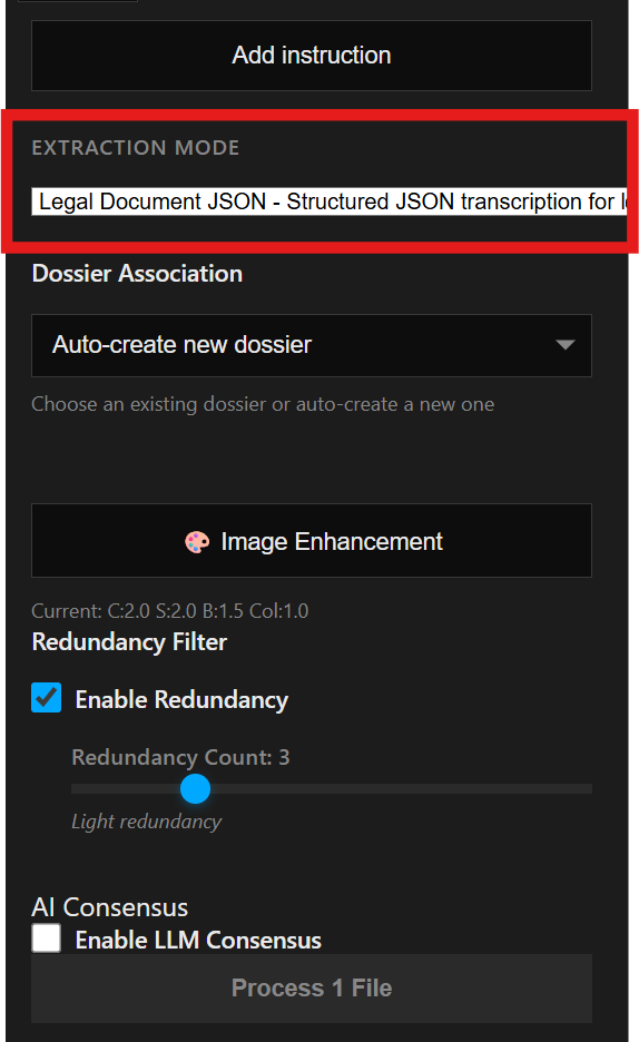 Extraction mode selection in control panel