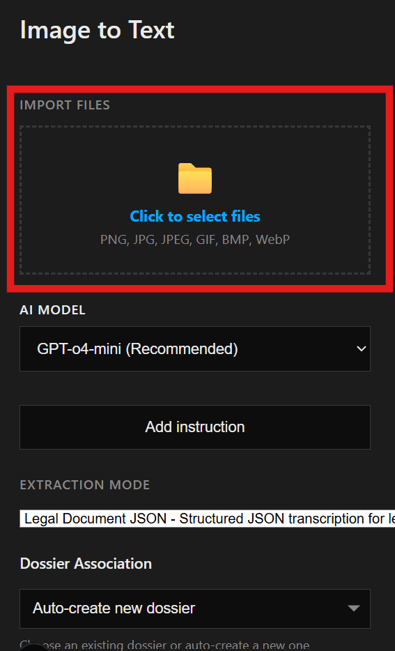 Import files area in control panel