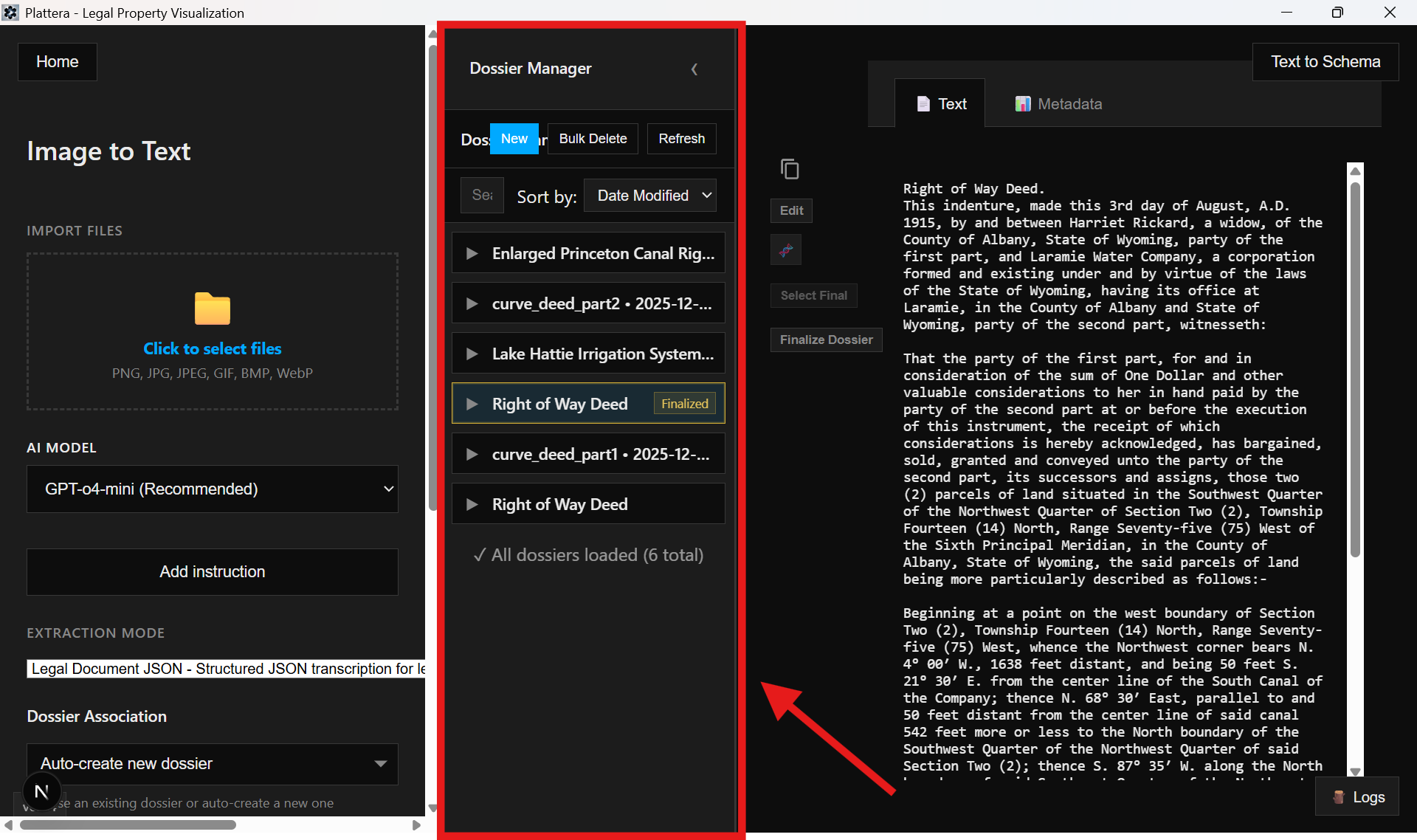 Dossier manager highlighted in Image to Text workspace