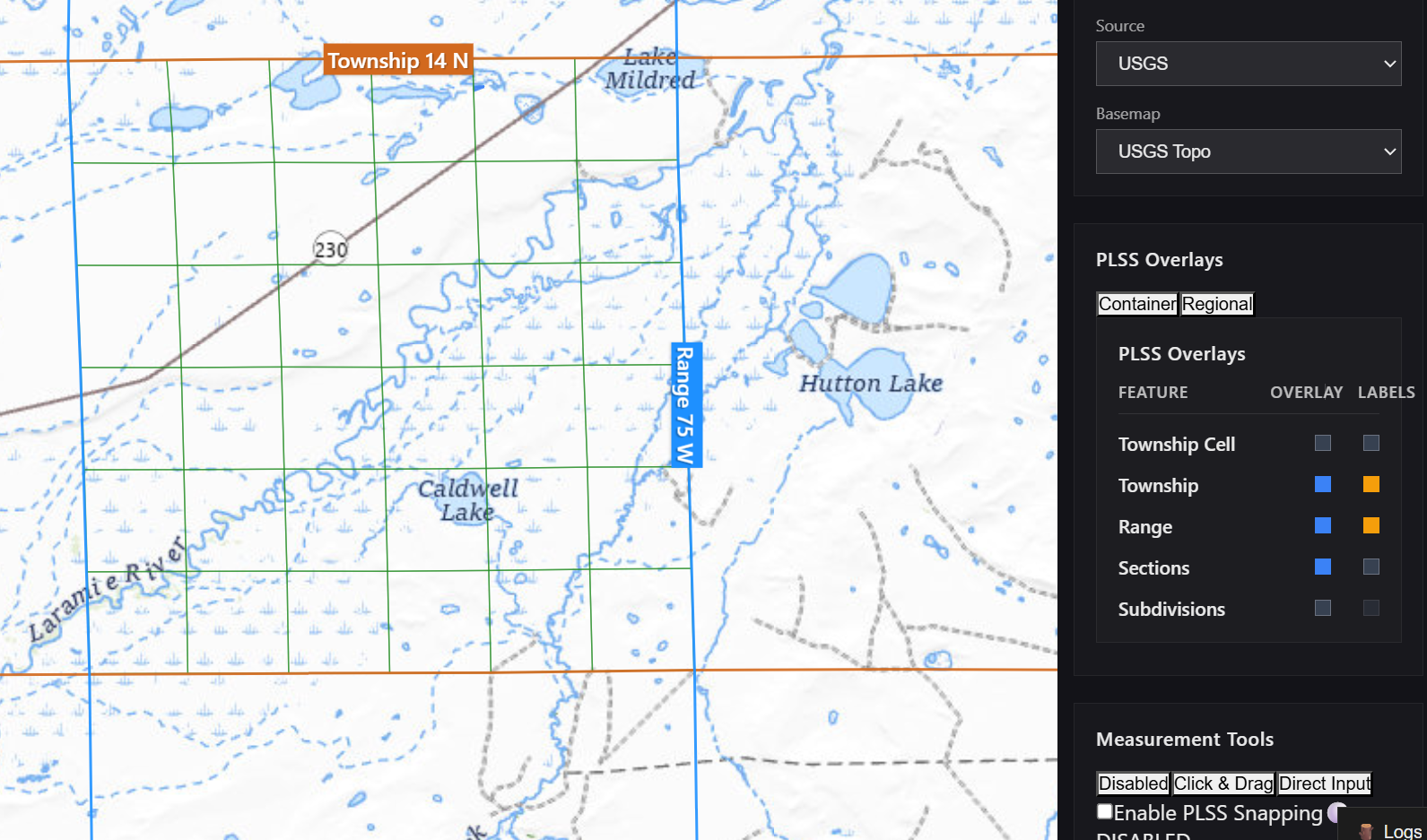 PLSS overlay active on the map