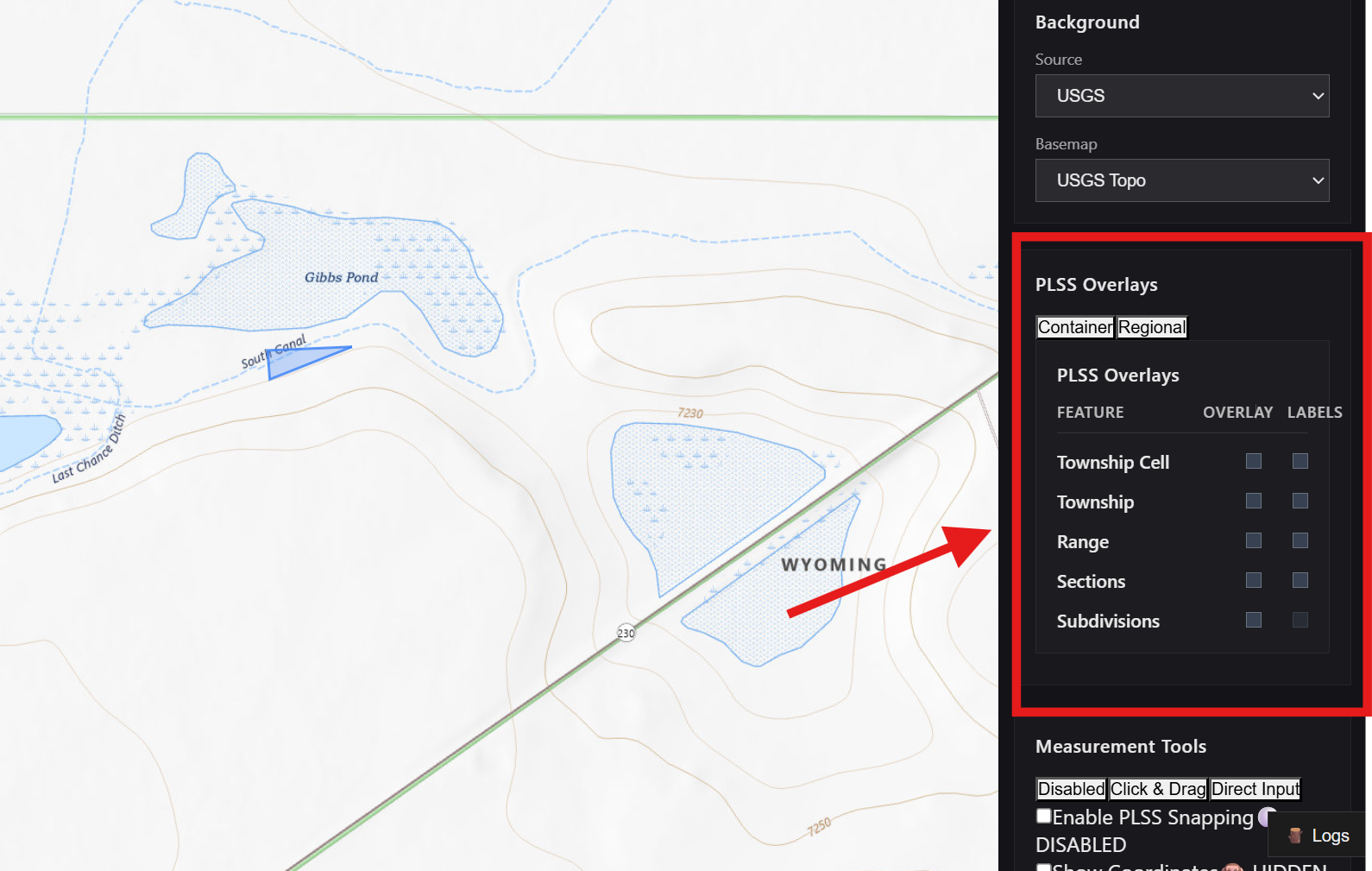 PLSS overlay menu circled