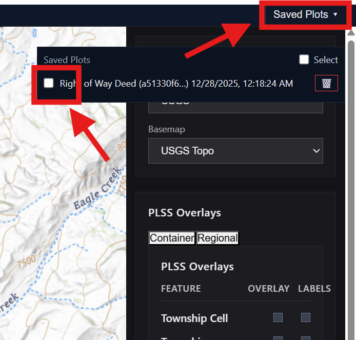 Saved plots menu toggle and selection