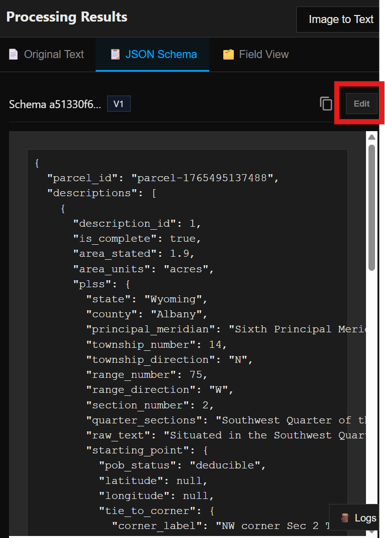 JSON tab edit button