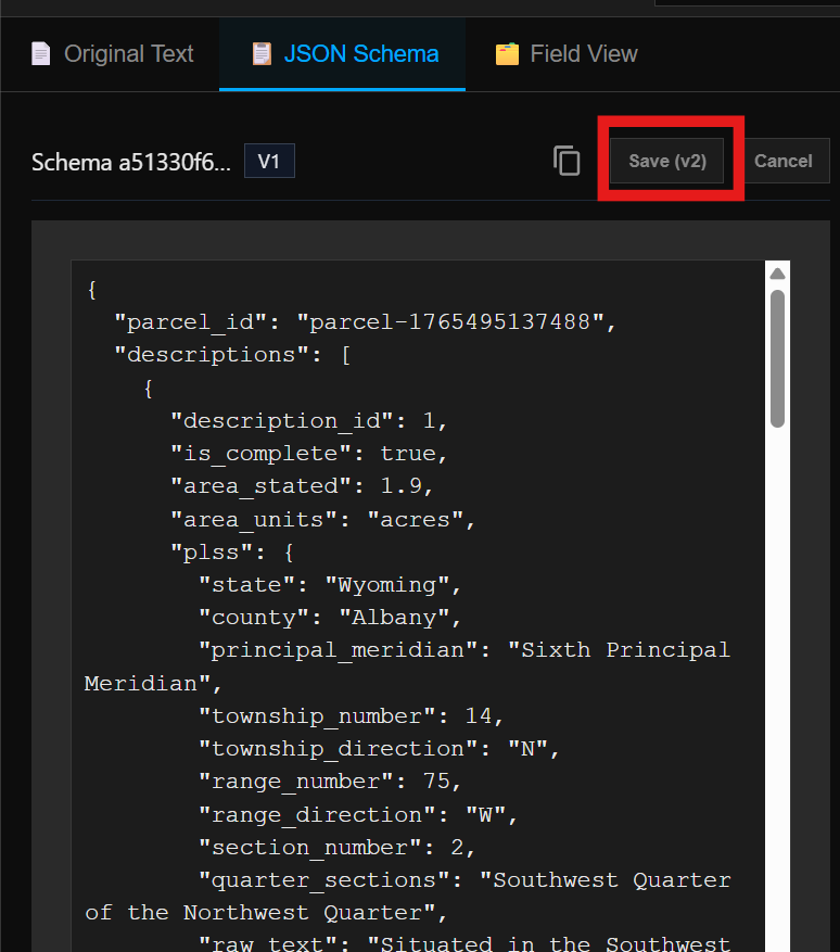 JSON tab save v2 button